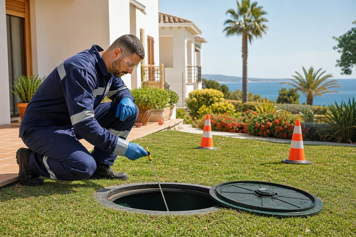 Técnico con protección inspeccionando desde el exterior el acceso de una fosa séptica