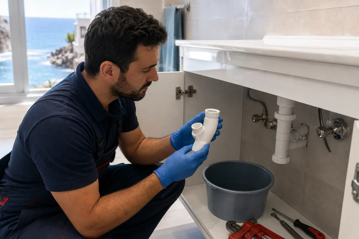 Fontanero revisando el sifón desmontable bajo un lavabo con un cubo de protección