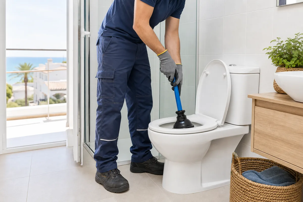 Profesional utilizando una ventosa adecuada para desatascar un inodoro en un baño luminoso